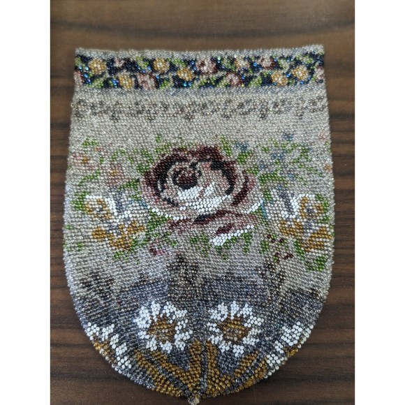 Antique Victorian Colorful Floral Rose Glass Micro Beads Drawstring Purse 1920's - Picture 4 of 7